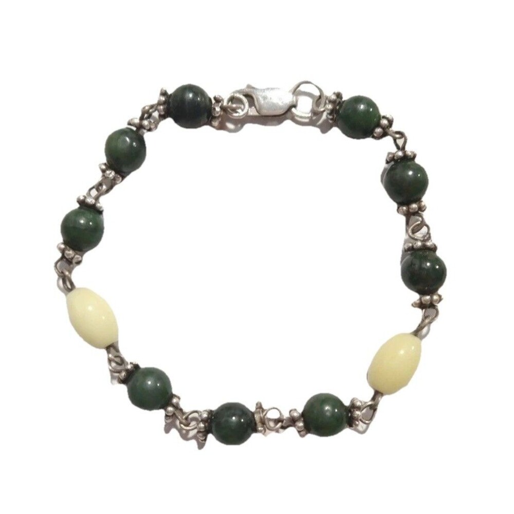 MZ Sterling Silver 925 Bracelet Beaded Green Gemstone Lobster Tennis Vintage